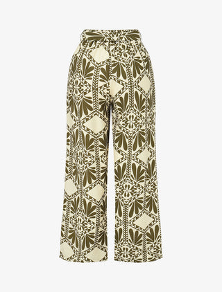 Pantalon imprimé ikat à taille haute élastiquée - Kaki