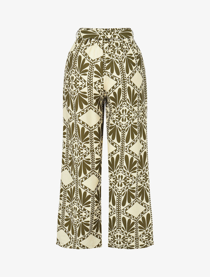 Pantalon imprimé ikat à taille haute élastiquée - Kaki