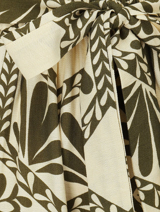 Pantalon imprimé ikat à taille haute élastiquée - Kaki