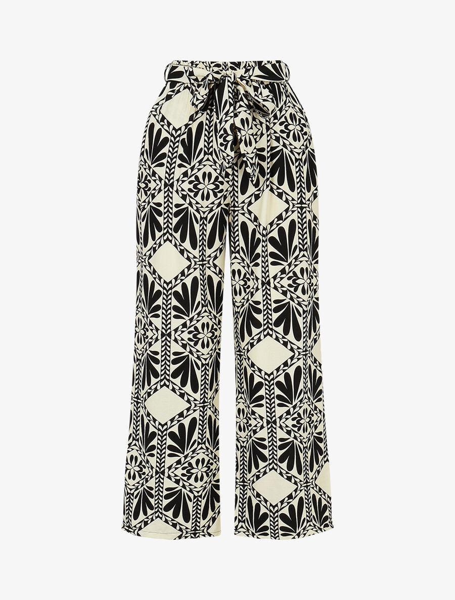 Pantalon imprimé ikat à taille haute élastiquée - Noir