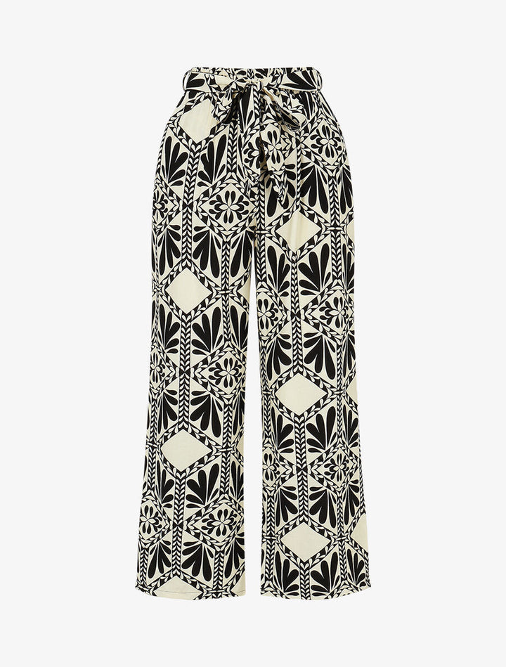 Pantalon imprimé ikat à taille haute élastiquée - Noir