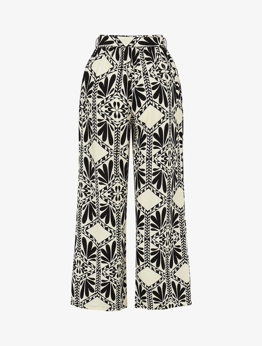 Pantalon imprimé ikat à taille haute élastiquée - Noir
