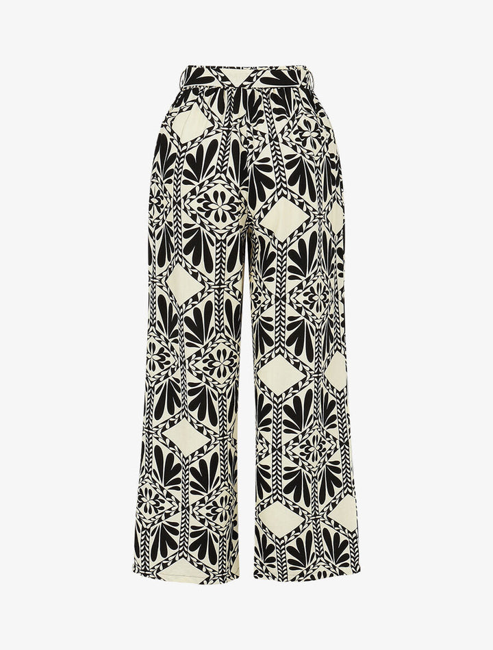Pantalon imprimé ikat à taille haute élastiquée - Noir
