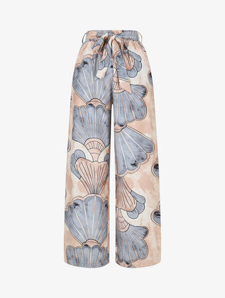 Pantalon imprimé éventails à taille haute élastiquée - Gris