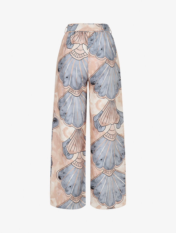 Pantalon imprimé éventails à taille haute élastiquée - Gris