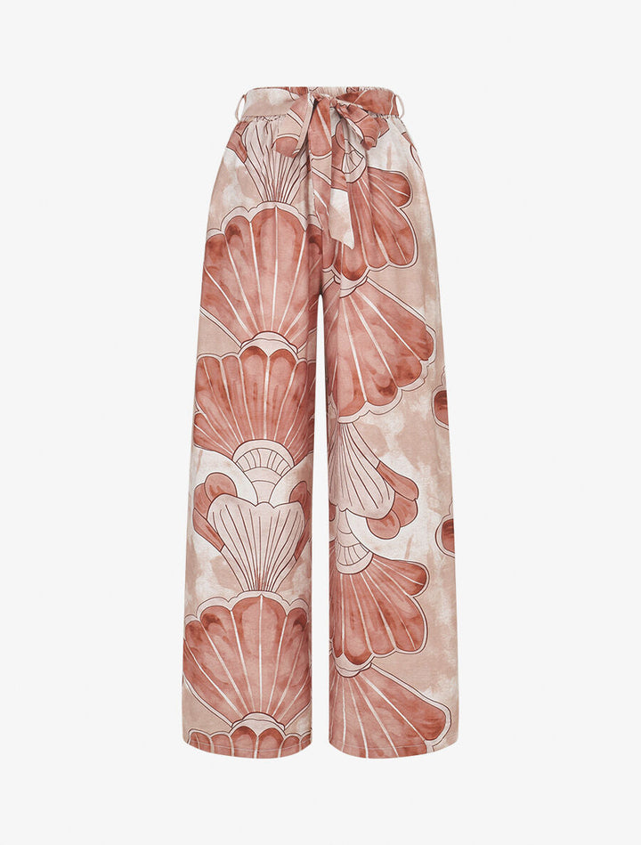 Pantalon imprimé éventails à taille haute élastiquée - Marron clair