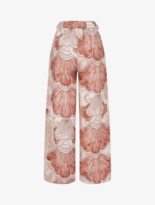 Pantalon imprimé éventails à taille haute élastiquée - Marron clair