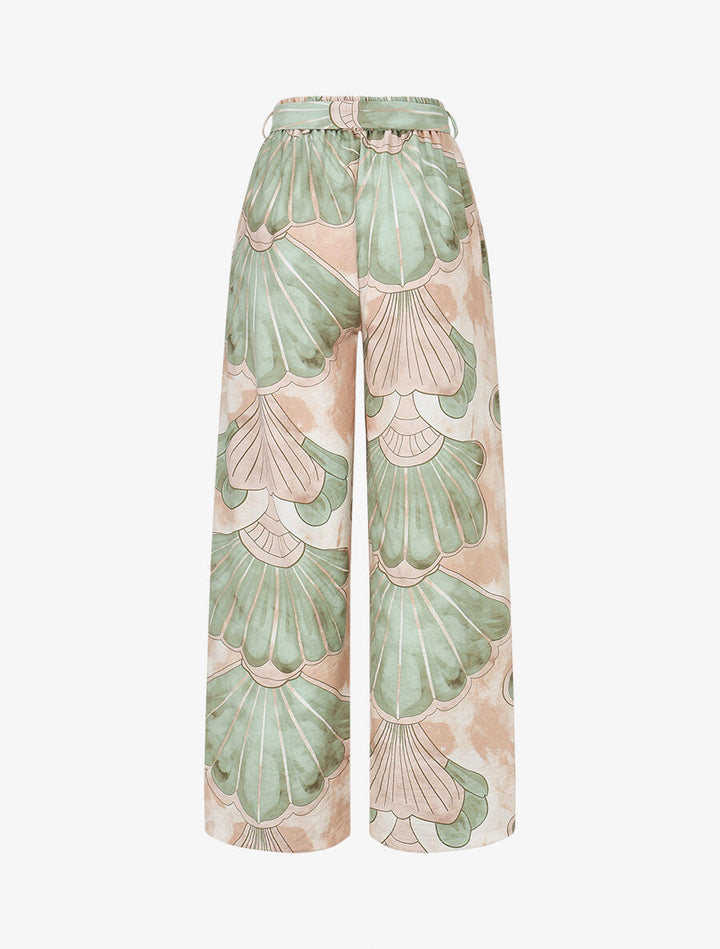 Pantalon imprimé éventails à taille haute élastiquée - Vert