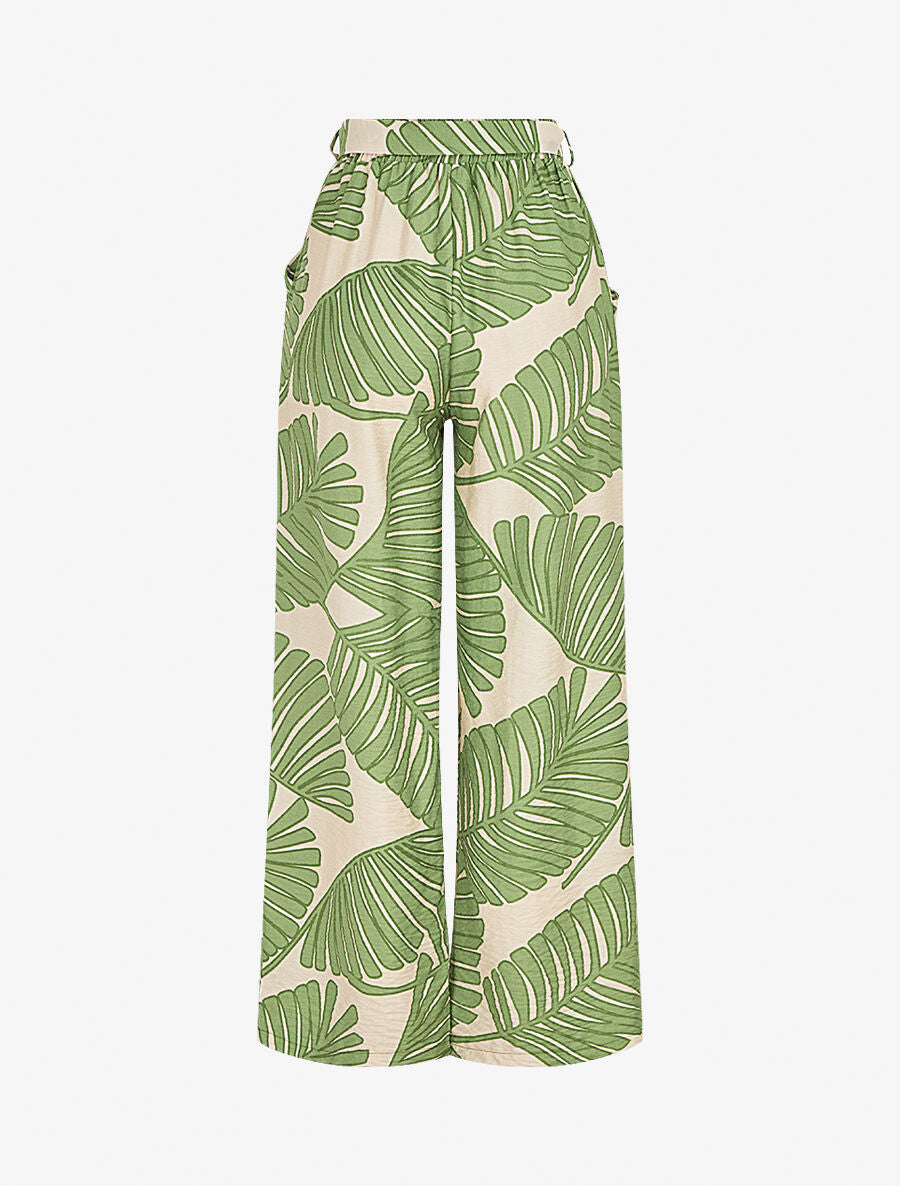 Pantalon imprimé feuillage à taille haute élastiquée - Vert