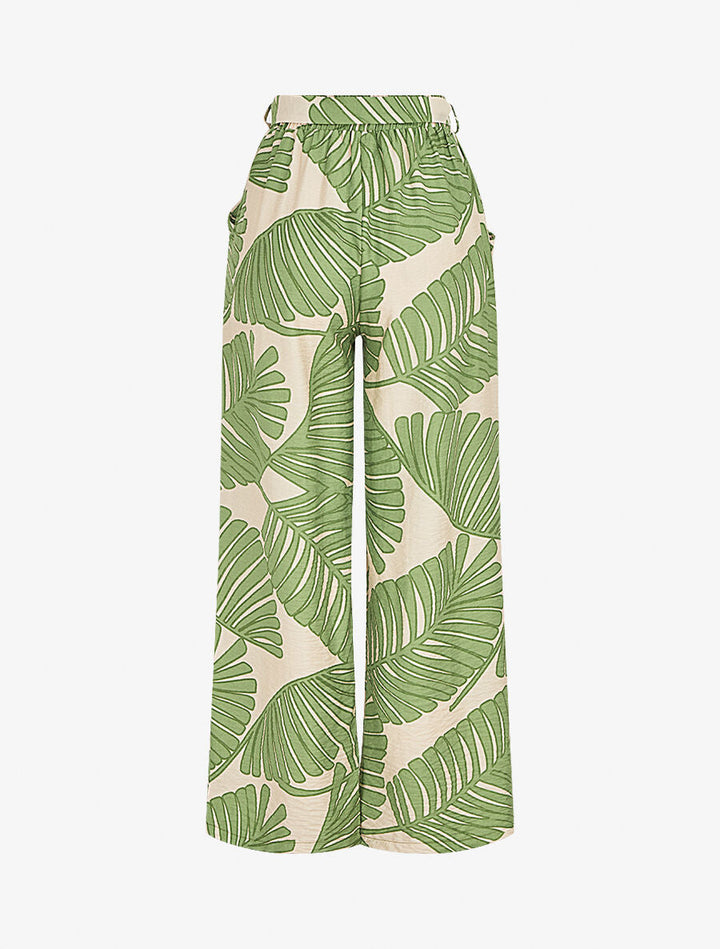 Pantalon imprimé feuillage à taille haute élastiquée - Vert