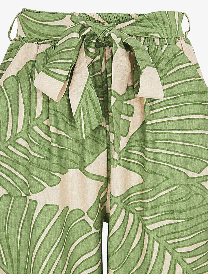 Pantalon imprimé feuillage à taille haute élastiquée - Vert