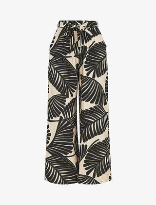 Pantalon imprimé feuillage à taille haute élastiquée - Noir