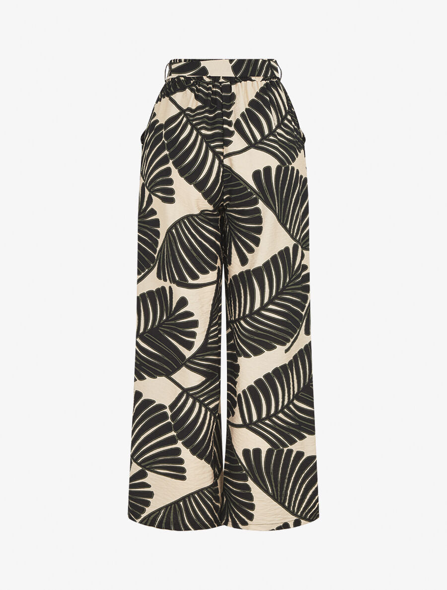 Pantalon imprimé feuillage à taille haute élastiquée - Noir