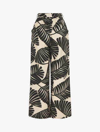 Pantalon imprimé feuillage à taille haute élastiquée - Noir