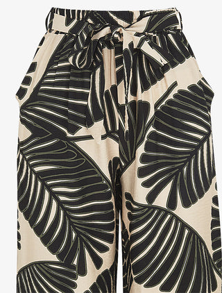 Pantalon imprimé feuillage à taille haute élastiquée - Noir