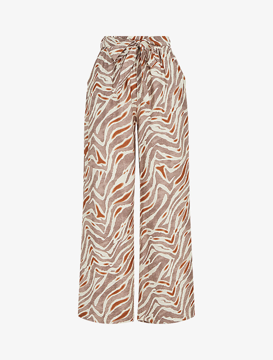 Pantalon imprimé fantaisie à taille haute élastiquée - Marron