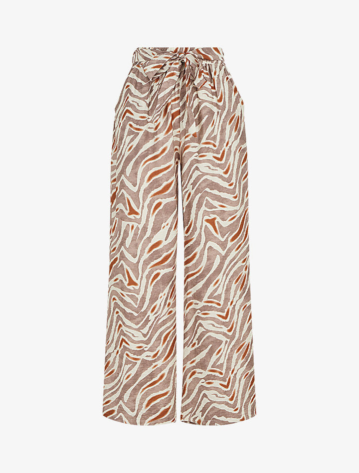 Pantalon imprimé fantaisie à taille haute élastiquée - Marron