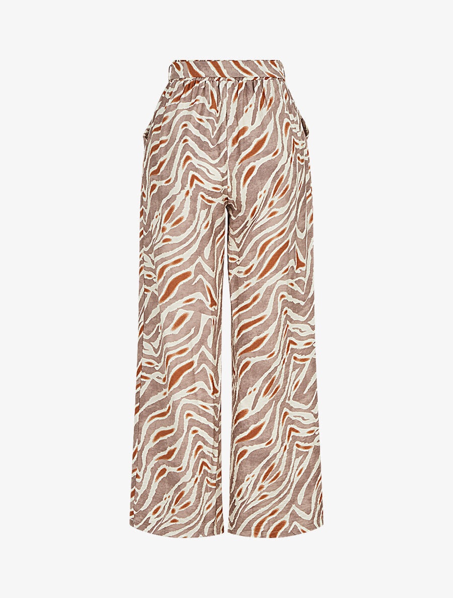 Pantalon imprimé fantaisie à taille haute élastiquée - Marron