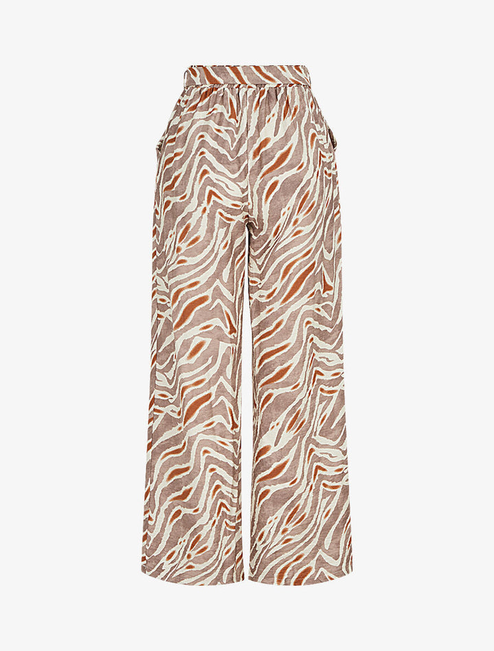 Pantalon imprimé fantaisie à taille haute élastiquée - Marron