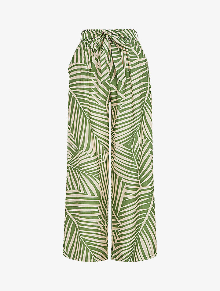 Pantalon imprimé tropical à taille haute élastiquée - Kaki