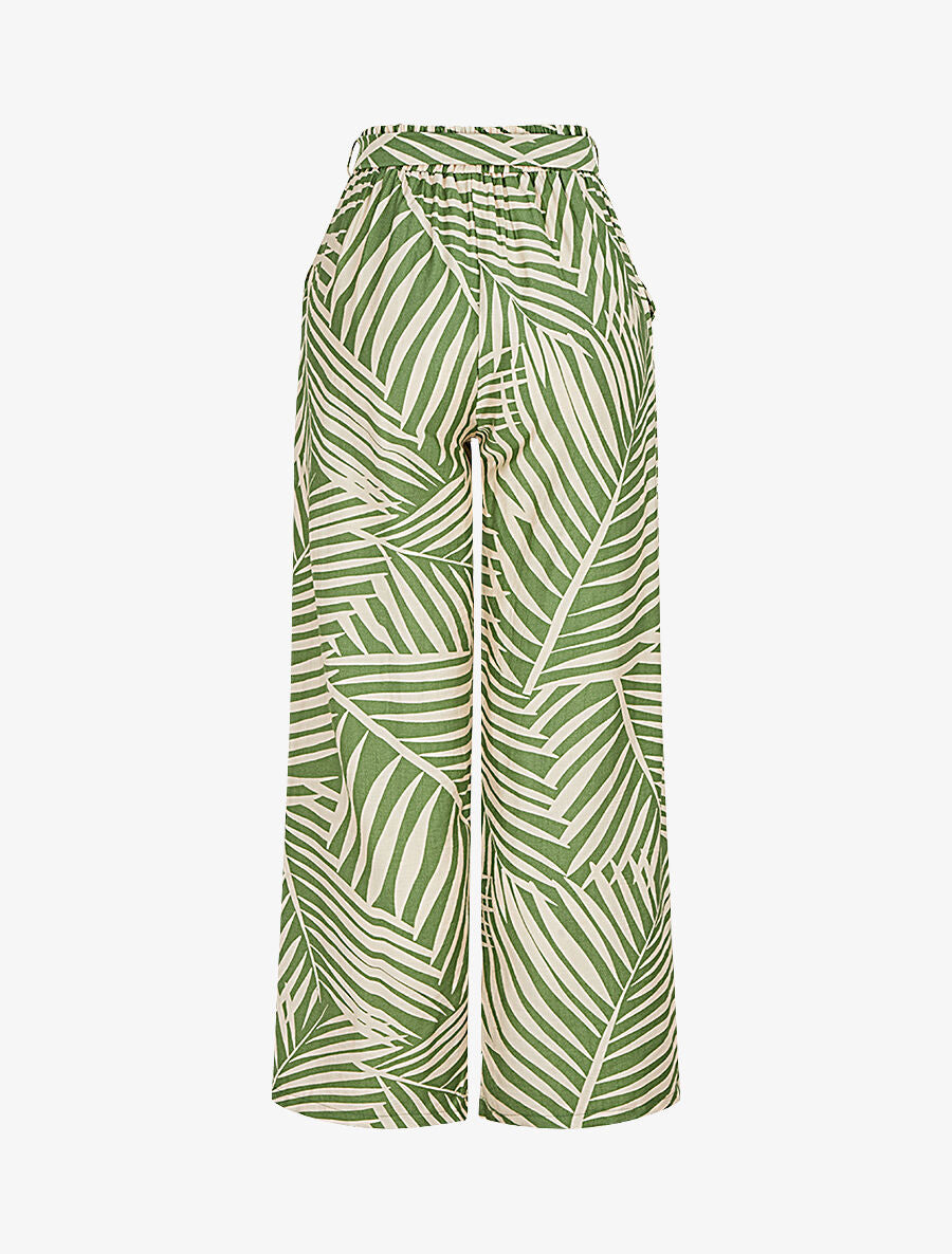 Pantalon imprimé tropical à taille haute élastiquée - Kaki