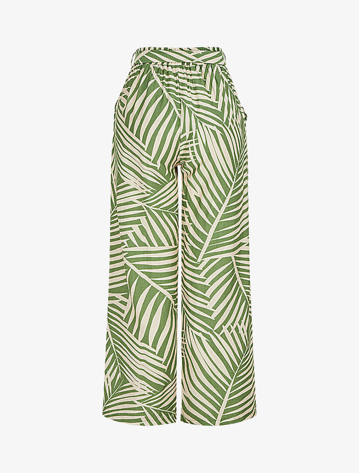Pantalon imprimé tropical à taille haute élastiquée - Kaki