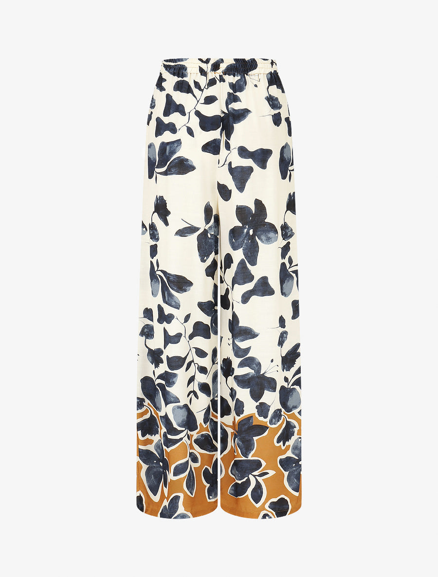 Pantalon droit taille haute imprimé floral - Marine