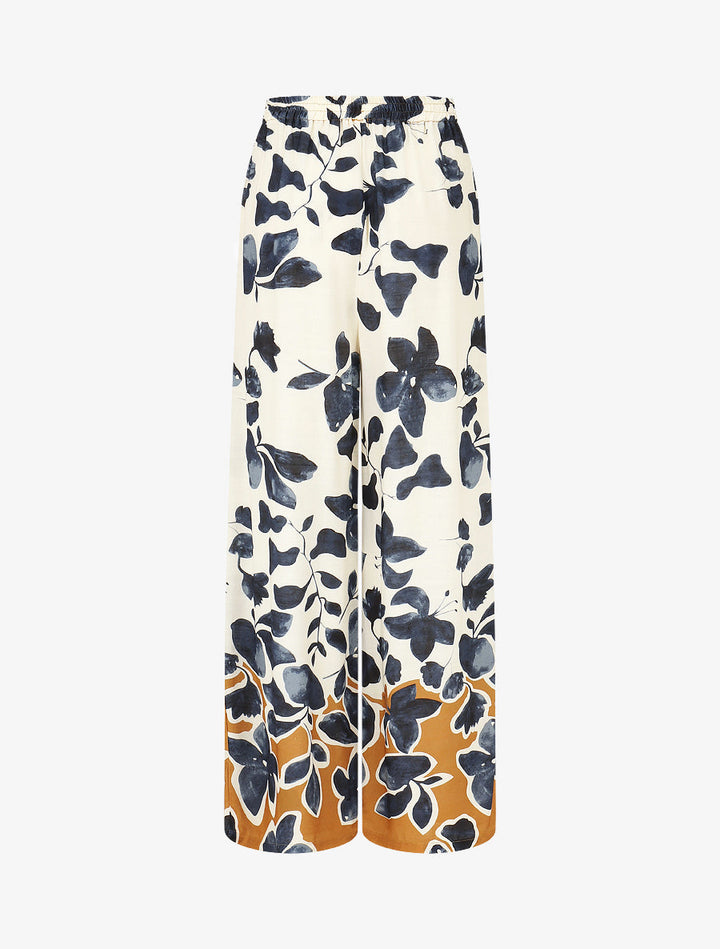 Pantalon droit taille haute imprimé floral - Marine
