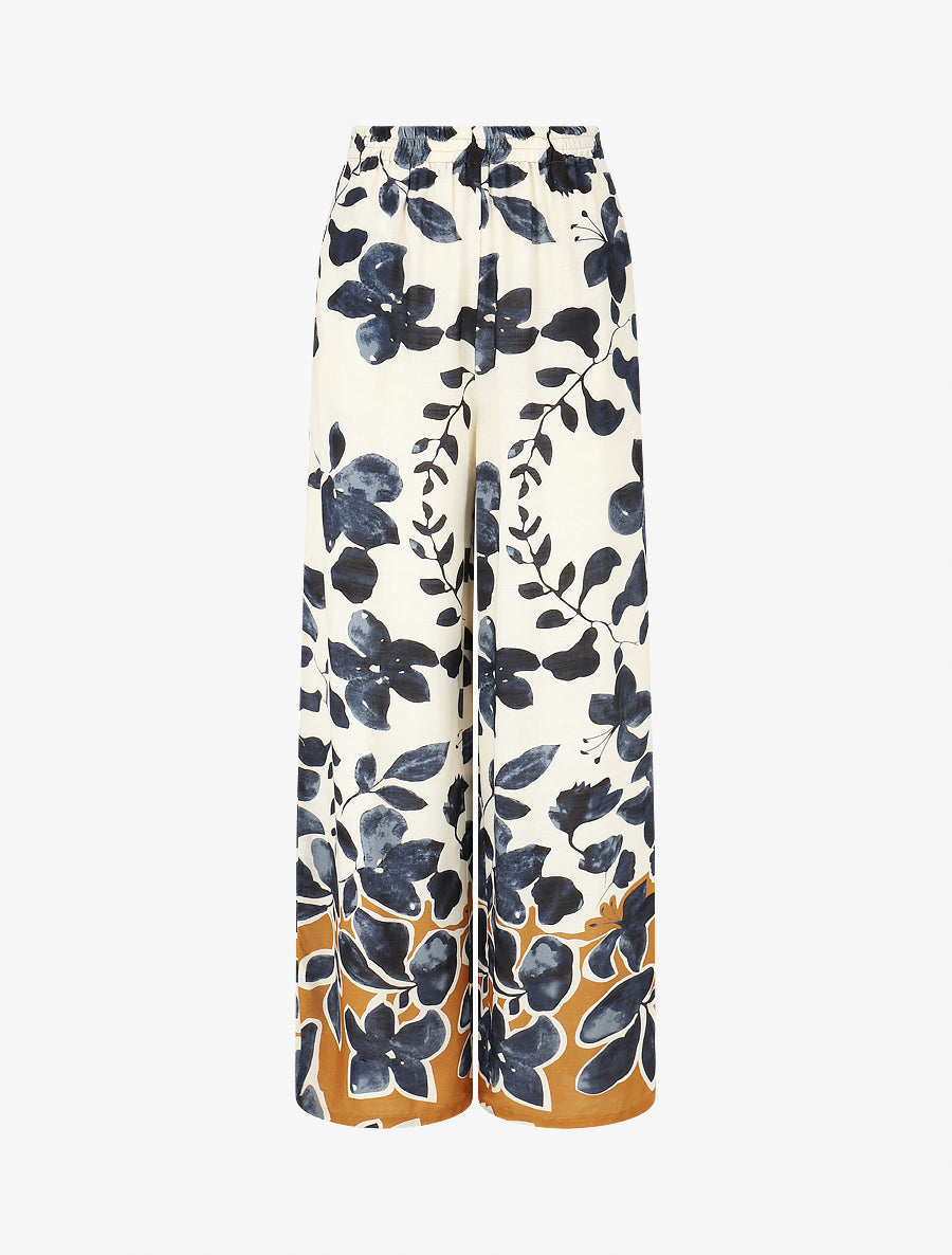 Pantalon droit taille haute imprimé floral - Marine