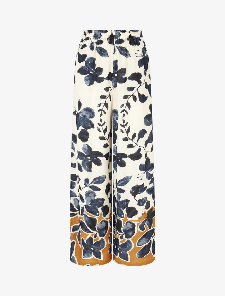 Pantalon droit taille haute imprimé floral - Marine
