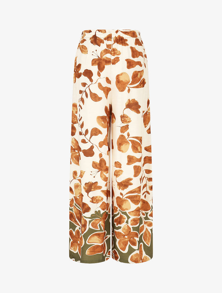 Pantalon droit taille haute imprimé floral - Marron