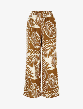Pantalon droit taille haute imprimé tropical - Marron