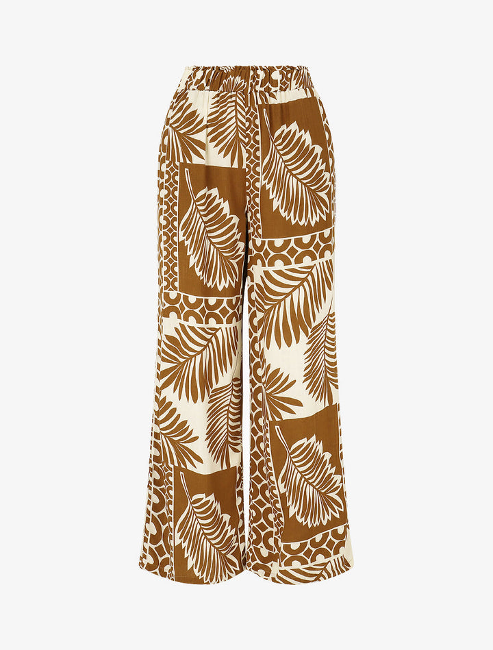 Pantalon droit taille haute imprimé tropical - Marron