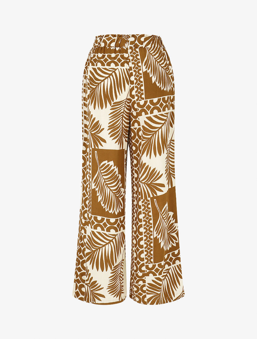 Pantalon droit taille haute imprimé tropical - Marron