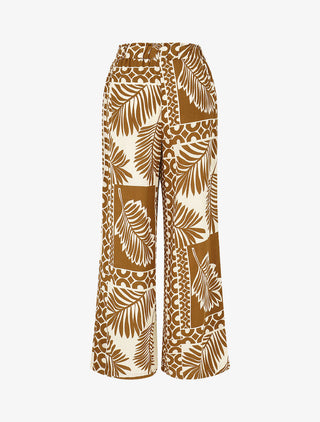 Pantalon droit taille haute imprimé tropical - Marron
