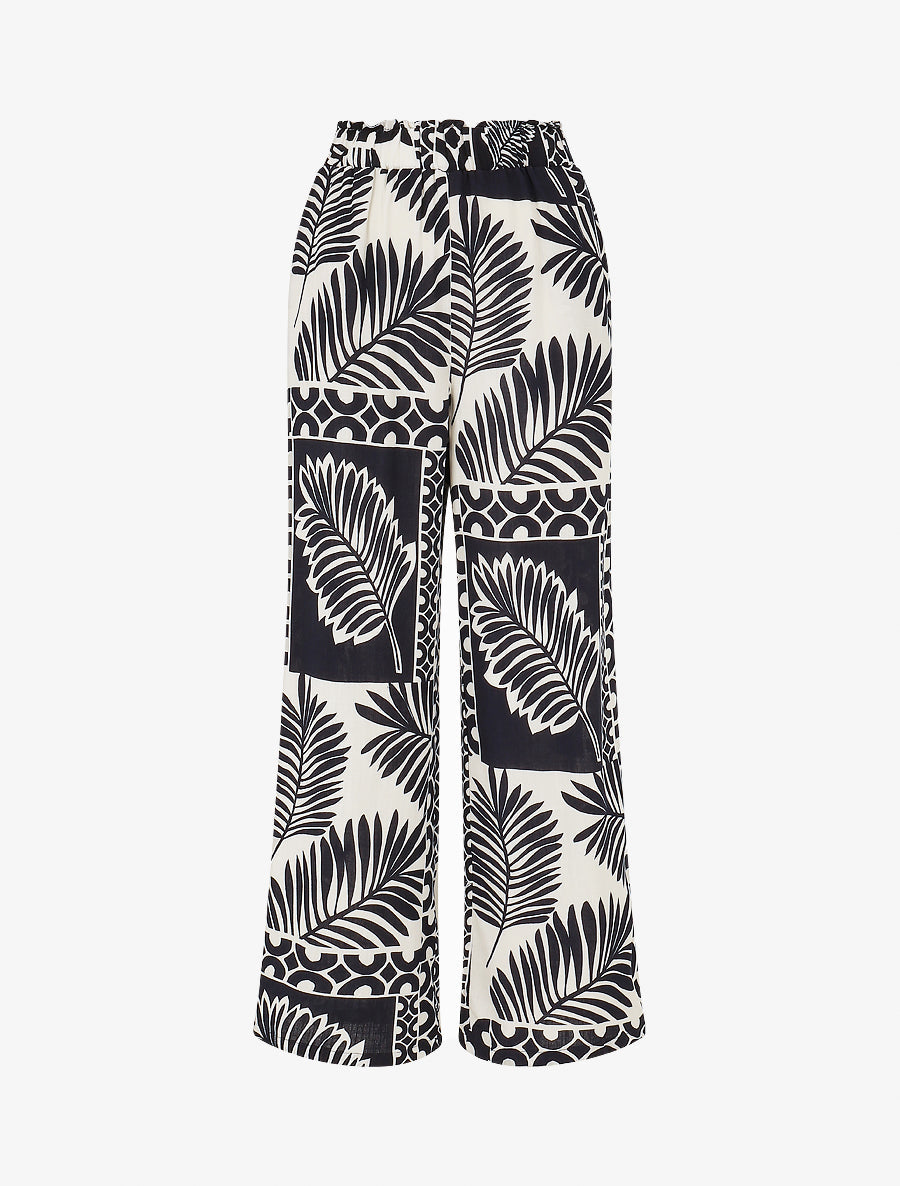 Pantalon droit taille haute imprimé tropical - Marine