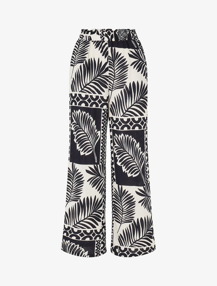 Pantalon droit taille haute imprimé tropical - Marine
