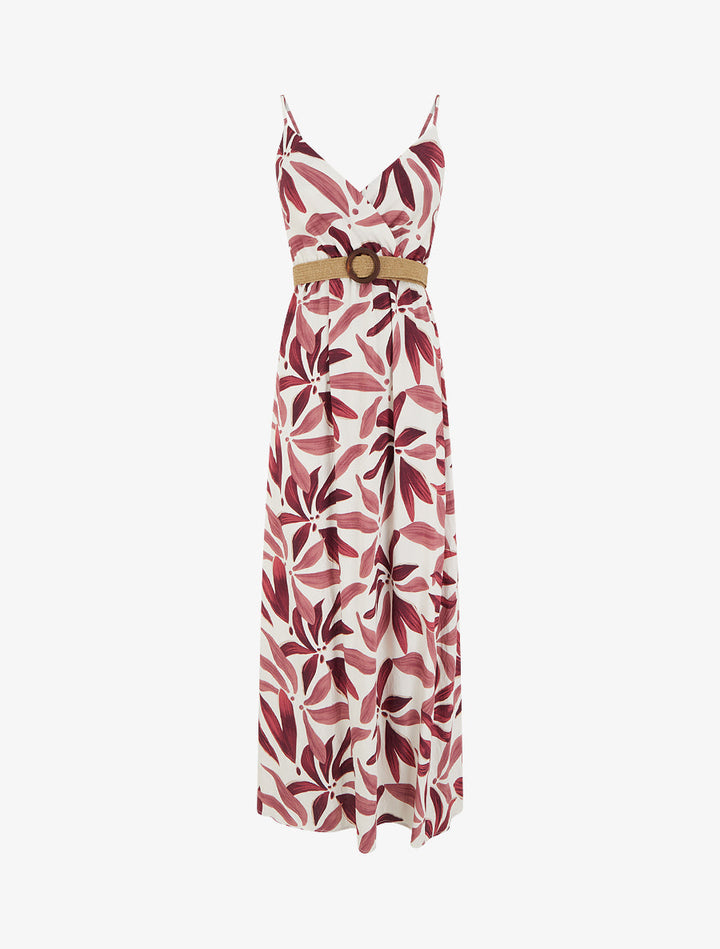 Robe longue évasée imprimé végétal - Vieux rose
