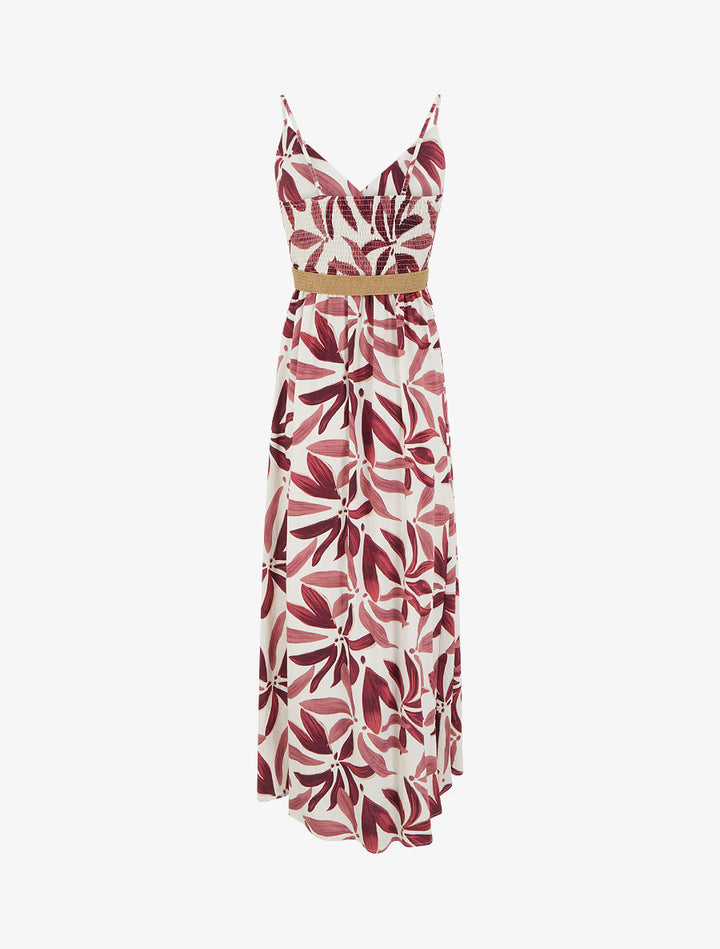 Langes, ausgestelltes Kleid mit Pflanzenmuster - Altrosa