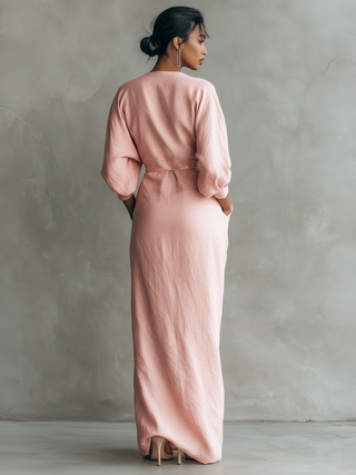 Rosalie | Robe Maxi Lin Col V Croisé Drapé & Torsade à la Taille