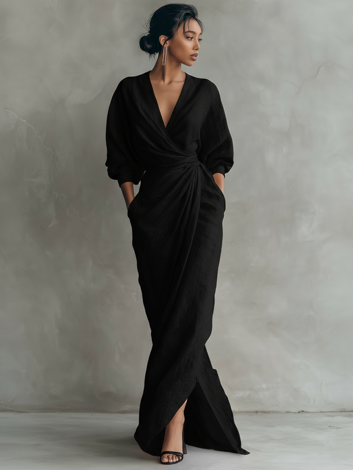 Rosalie | Robe Maxi Lin Col V Croisé Drapé & Torsade à la Taille