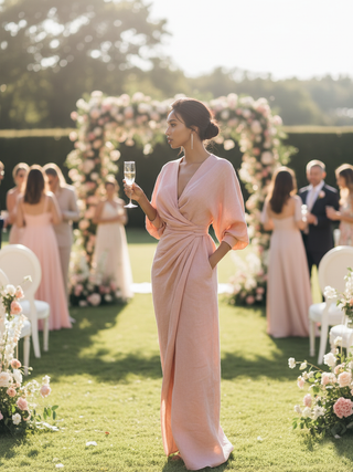 Rosalie | Robe Maxi Lin Col V Croisé Drapé & Torsade à la Taille
