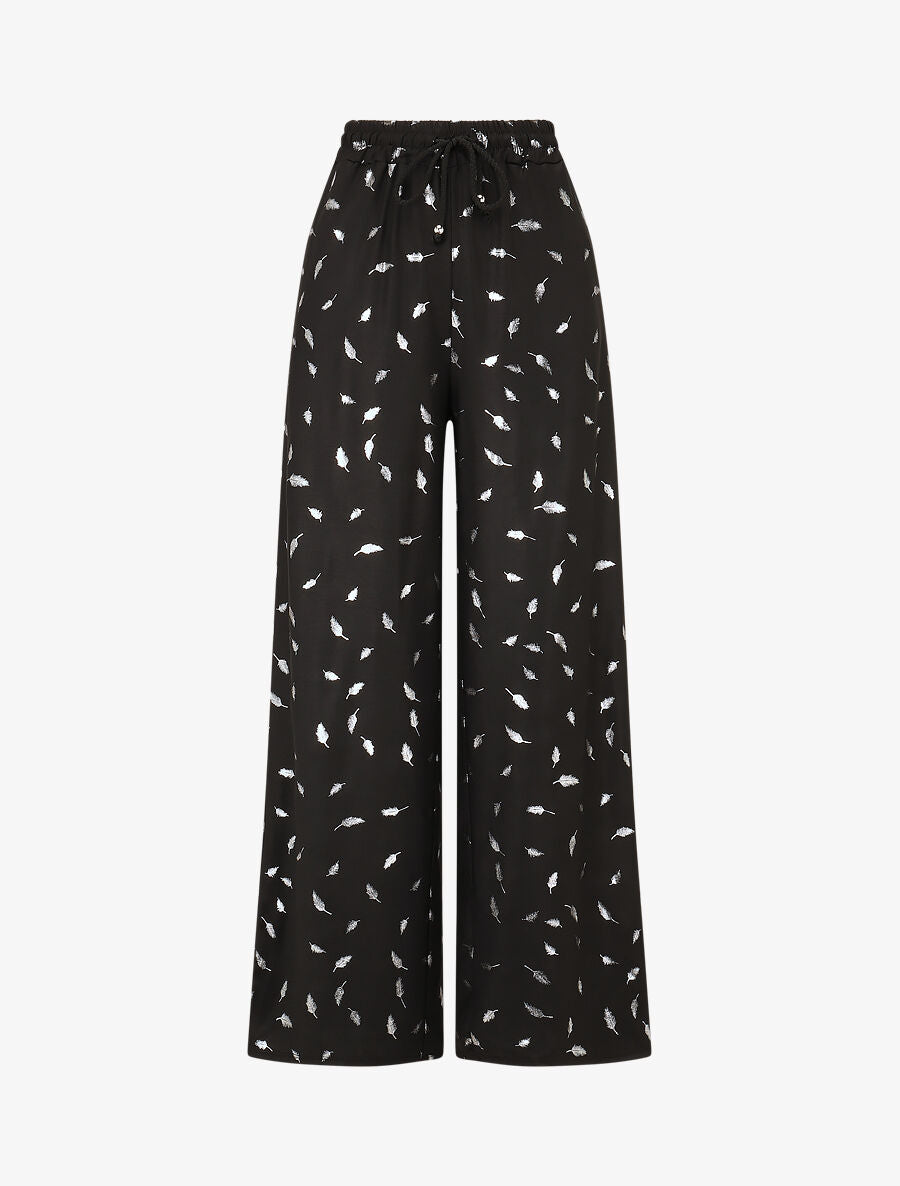Pantalon élastiqué imprimé plumes irisées - Noir
