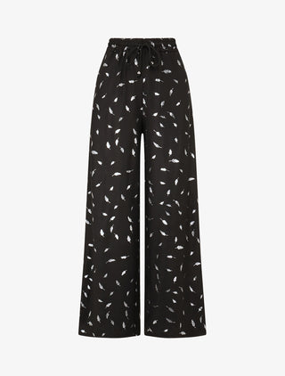 Pantalon élastiqué imprimé plumes irisées - Noir