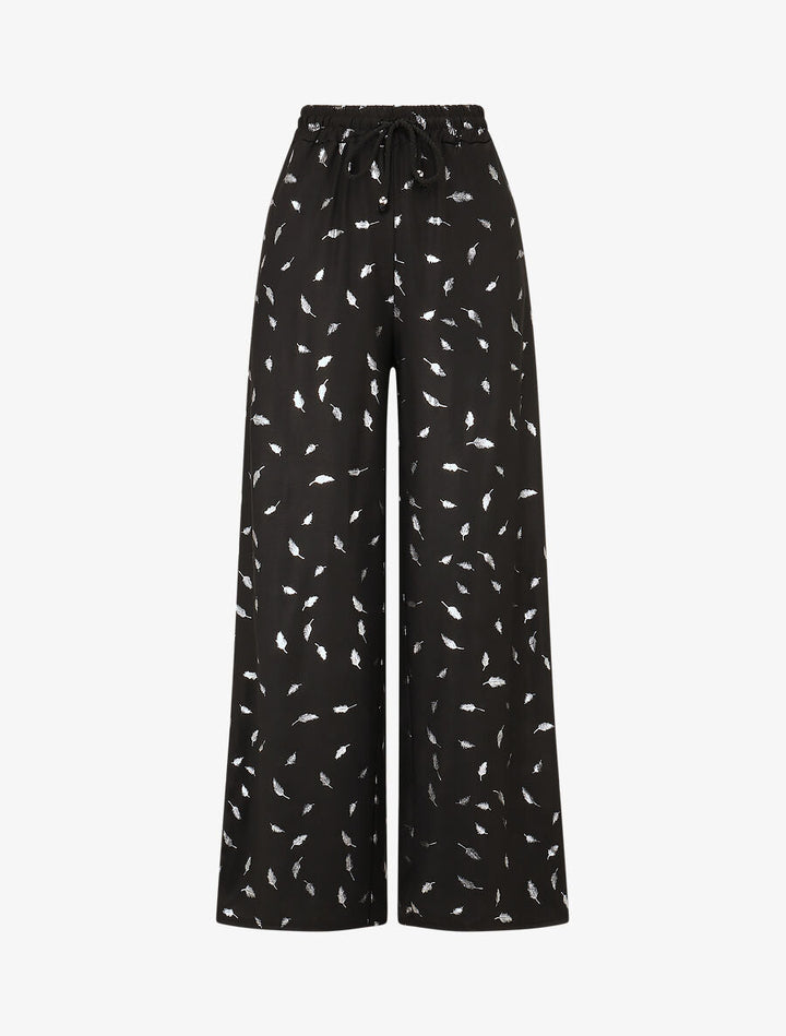 Pantalon élastiqué imprimé plumes irisées - Noir