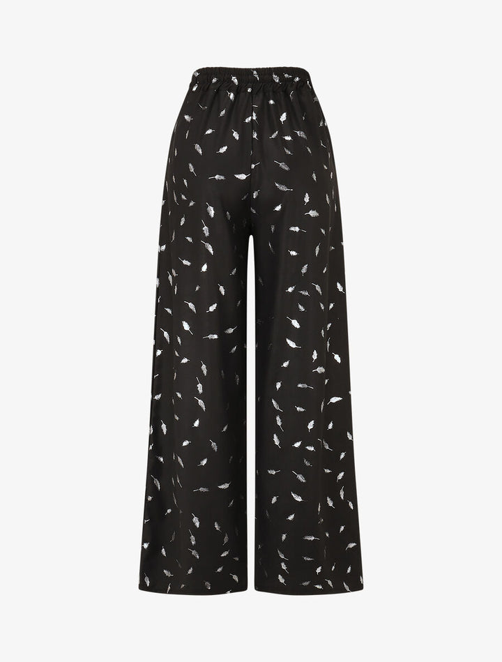 Pantalon élastiqué imprimé plumes irisées - Noir