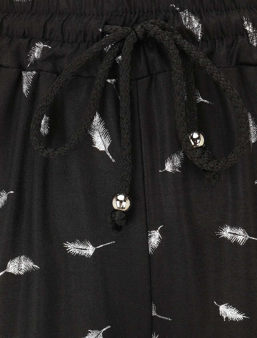 Pantalon élastiqué imprimé plumes irisées - Noir