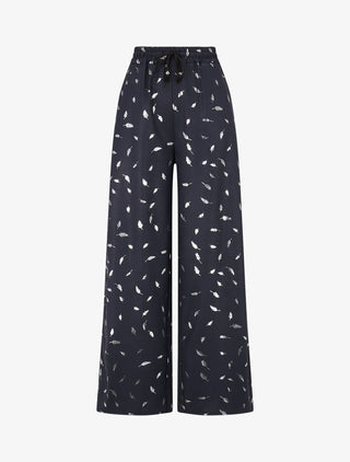 Pantalon élastiqué imprimé plumes irisées - Marine