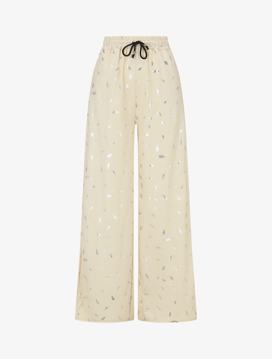 Pantalon élastiqué imprimé plumes irisées - Beige