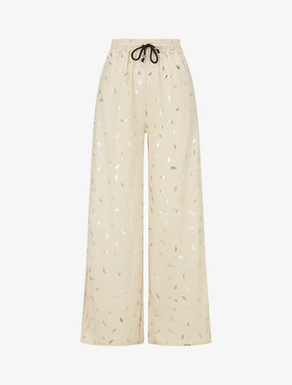 Pantalon élastiqué imprimé plumes irisées - Beige